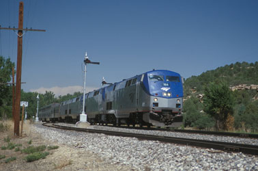 Amtrak's 'Southwest Chief' passing the semaphore signals at Watrous, NM. May 2002.