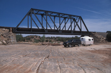 The dry river bed next to the railroad bridge in New Mexico.