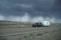 Our Jeep and Scamp trailer in an approaching storm south of Raton, NM.